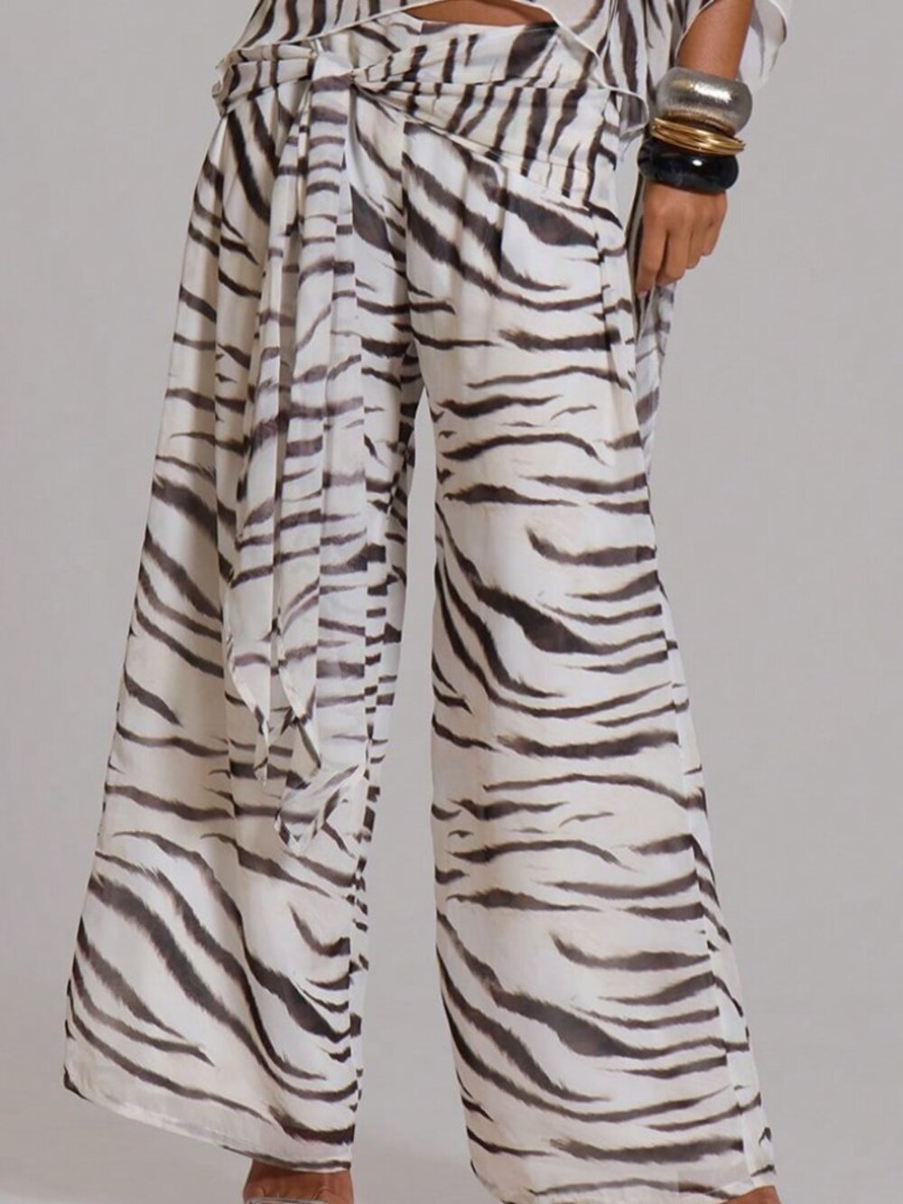 Multicolor Casual Boho Women's Zebra Print Tie Waist Wide Leg Trousers